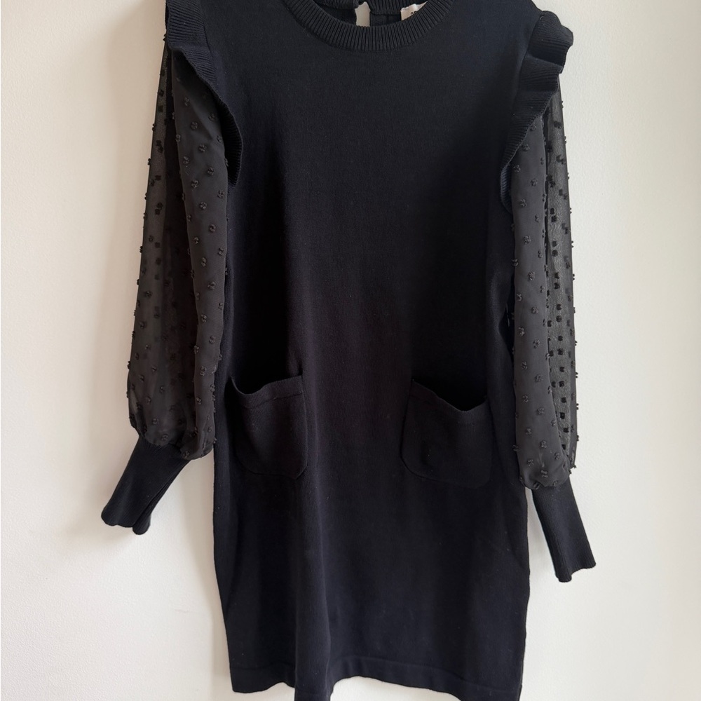 Grace Karin Girls Black Knit Dress with Sheer Puff Dot Sleeves
